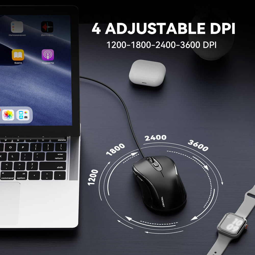 TECKNET Wired Mouse, USB Computer Mouse, 3600DPI 4 Adjustable Levels, Ergonomic Design, 6-Button