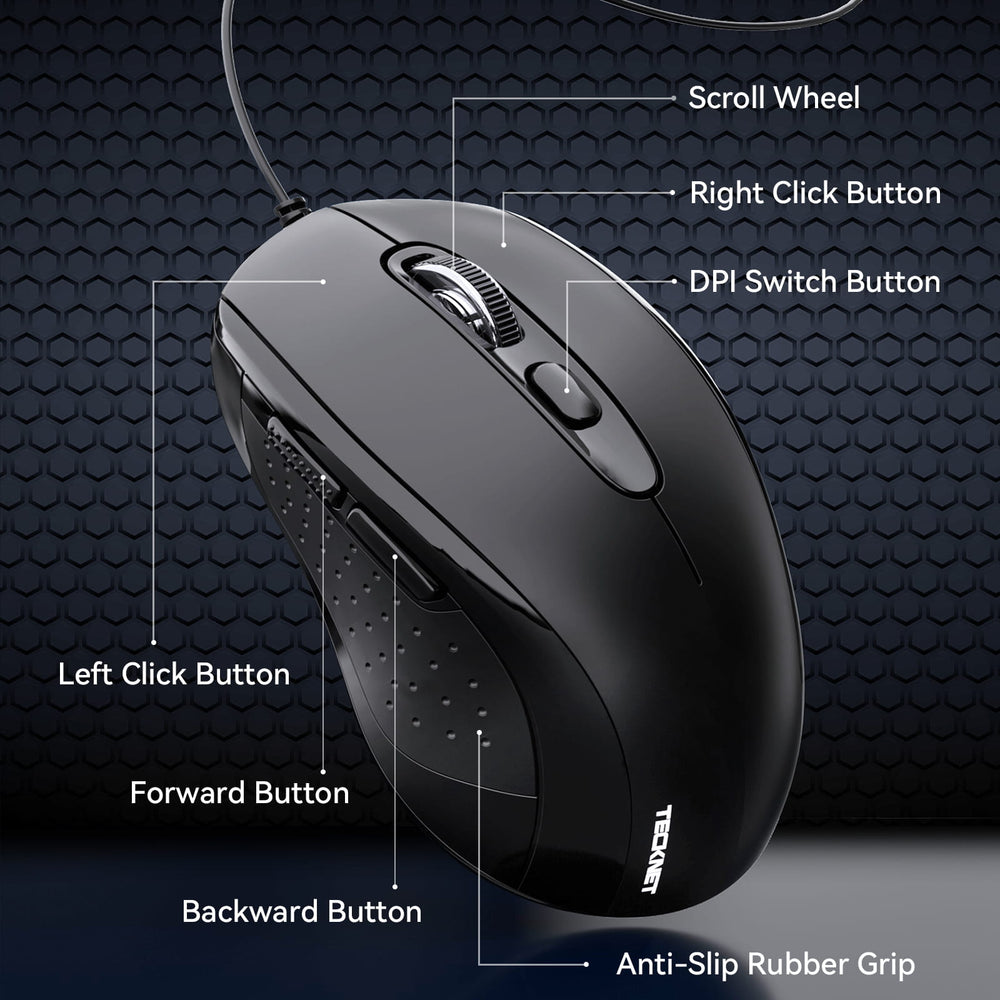 TECKNET Wired Mouse, USB Computer Mouse, 3600DPI 4 Adjustable Levels, Ergonomic Design, 6-Button