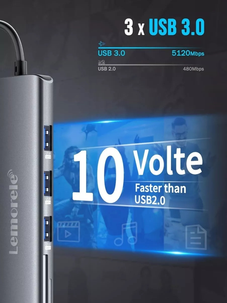 Lemorele USB C Hub 8-in-1 Adapter, USB-C Hub with 4K HDMI Output, 100W Power Delivery