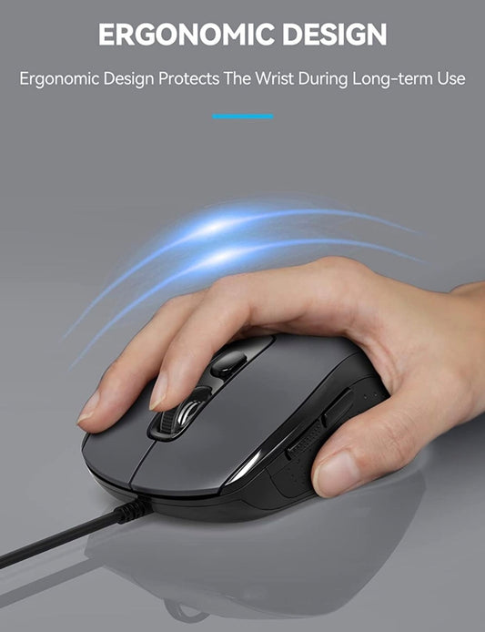 TECKNET Wired Mouse, USB Computer Mouse, 3600DPI 4 Adjustable Levels, Ergonomic Design, 6-Button