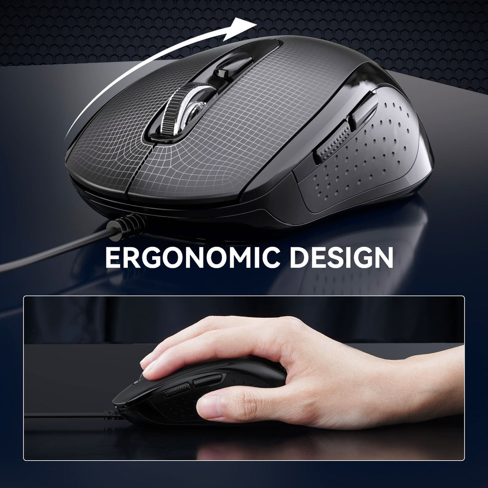 TECKNET Wired Mouse, USB Computer Mouse, 3600DPI 4 Adjustable Levels, Ergonomic Design, 6-Button