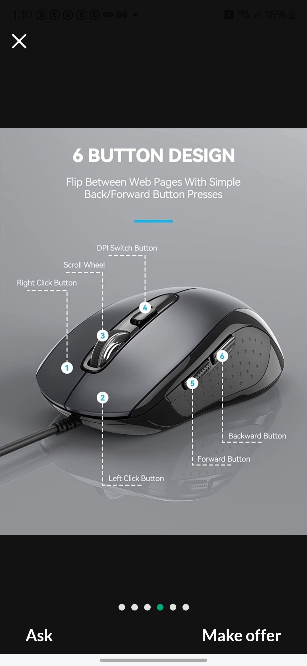 TECKNET Wired Mouse, USB Computer Mouse, 3600DPI 4 Adjustable Levels, Ergonomic Design, 6-Button
